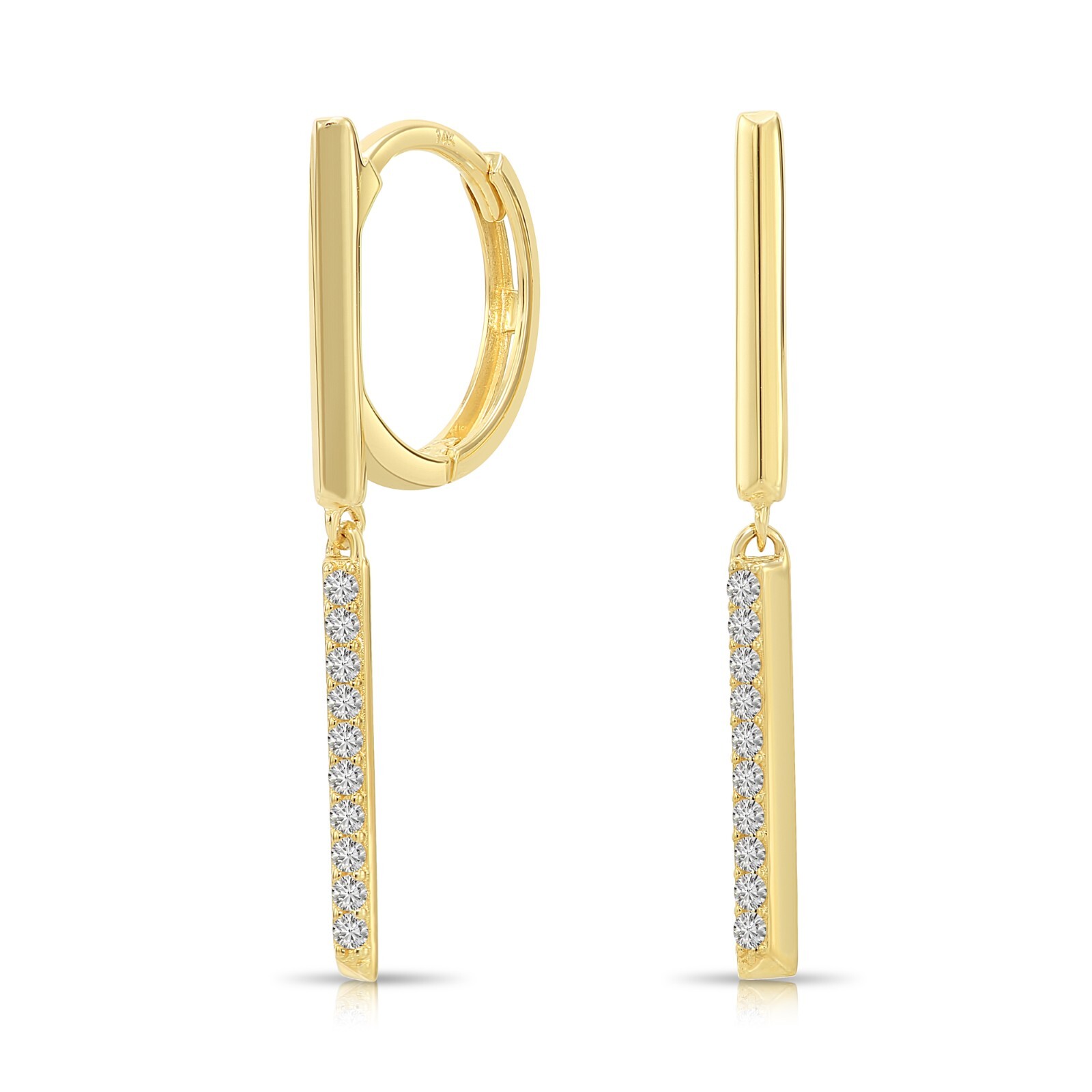 14K Real Solid Yellow Gold Dainty Pave CZ Bar Dangle Drop Huggie Hoop Earrings