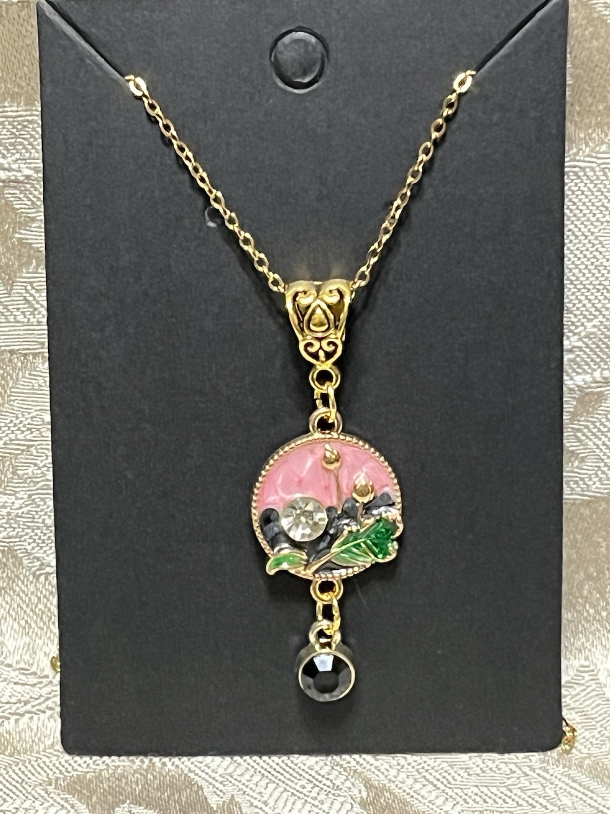 Retro Floral Gem Enamel Pendant Gold 18” Necklace Bohemian Floral Novelty