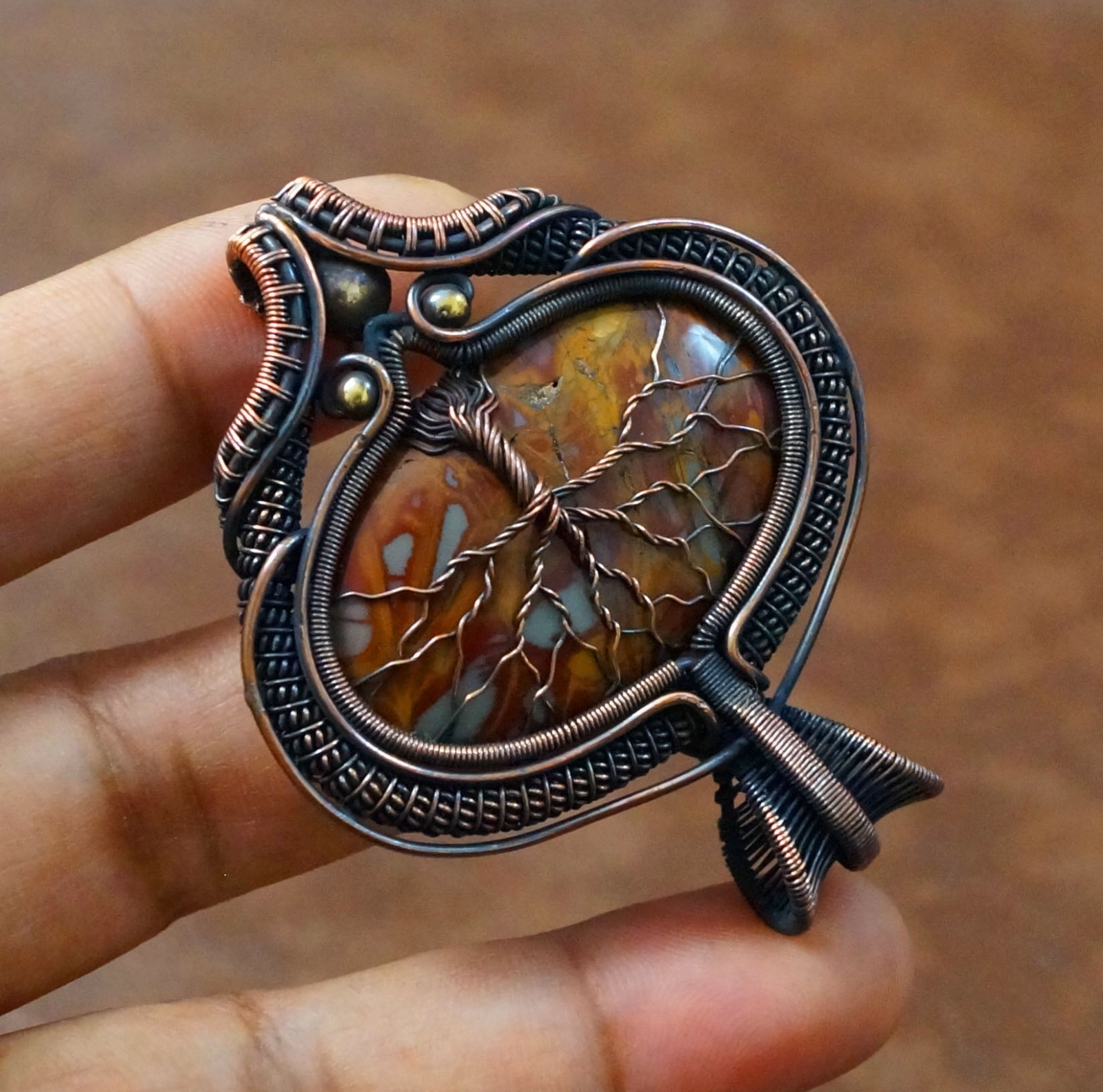 Brown Noreena Jasper Tree of life Copper Wire Pendant Handmade Jewelry (-PD62