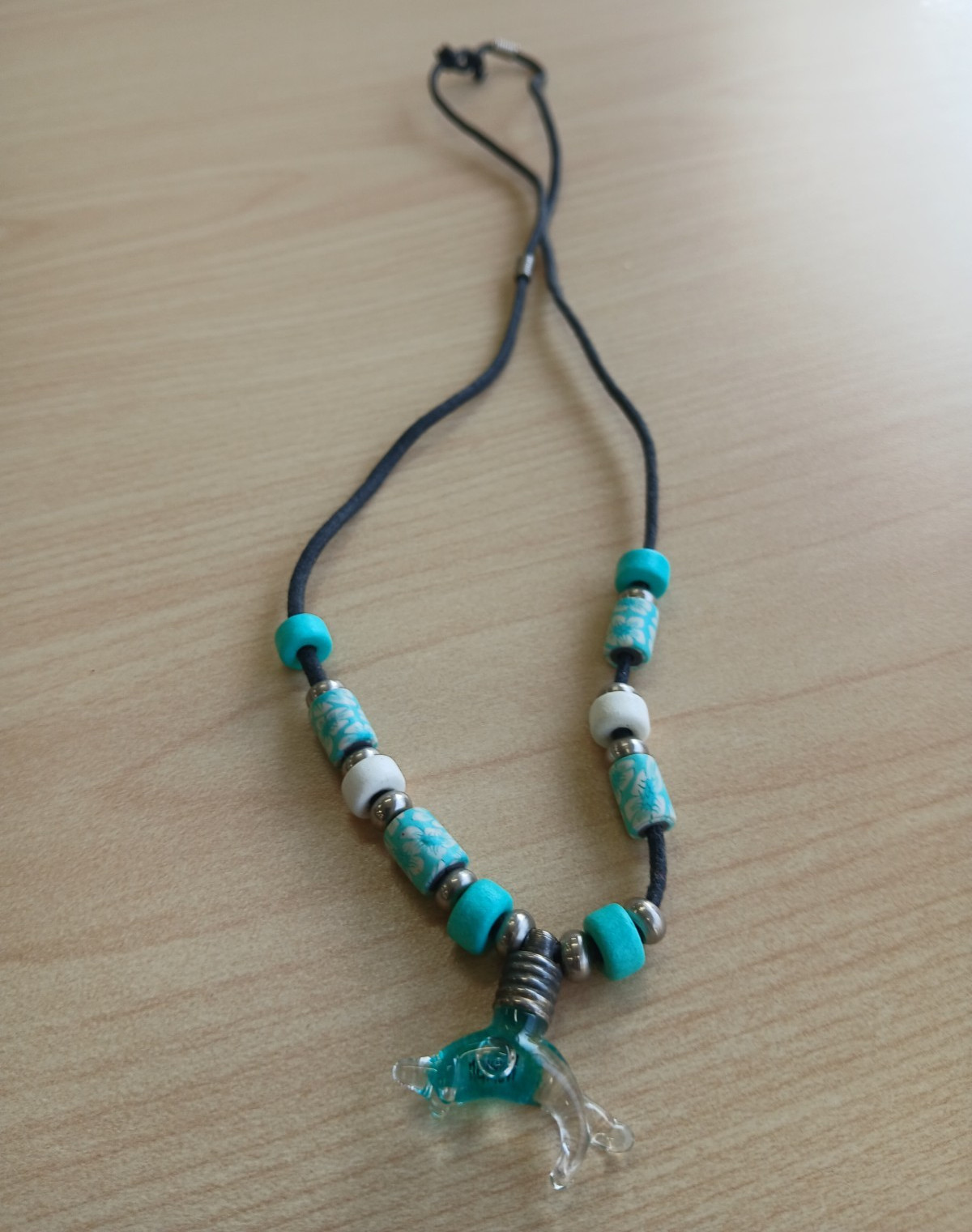 Black Cord Beaded Necklace Blue Animal Charm Pendant Silver Tone White Beads