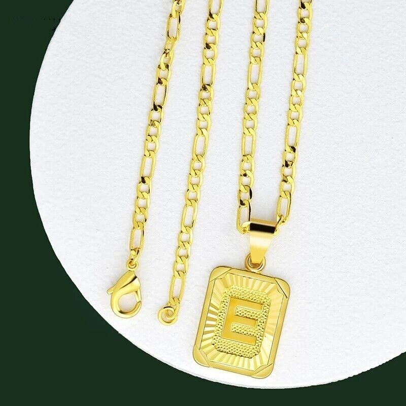 18″ Gold Plated Initial Letter Pendant Necklace Stainless Steel Figaro Chain New