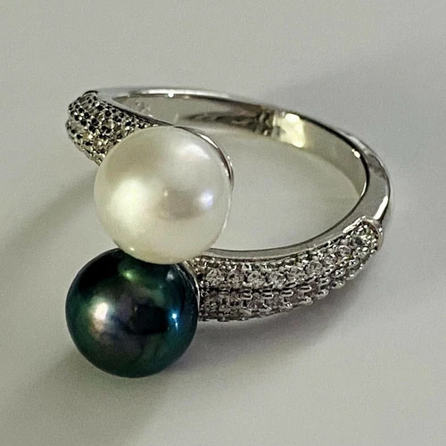 Sterling Silver 7-8MM Black & White Freshwater Pearl Ring 14k Platinum Plated
