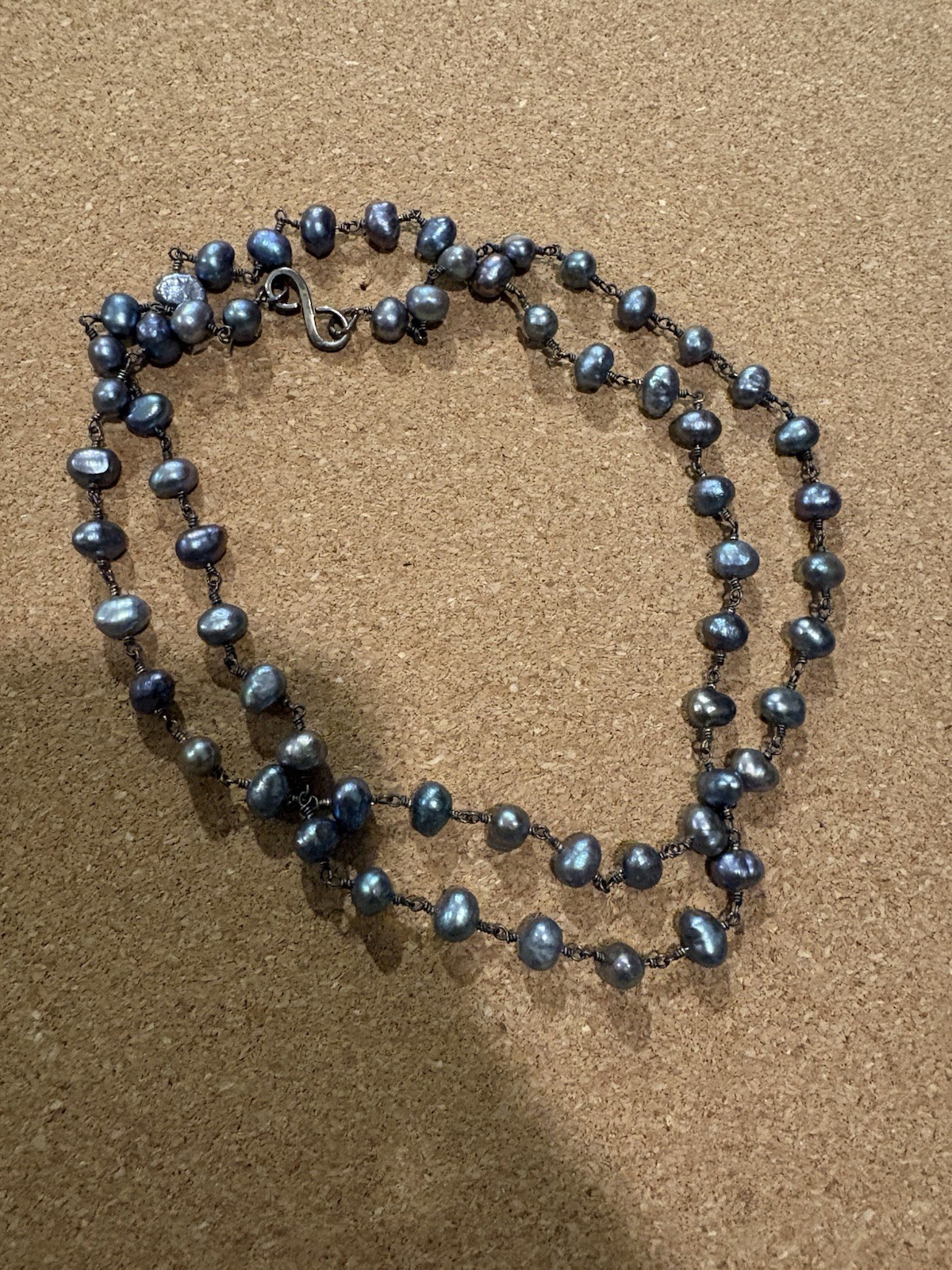 Artisan Wire Wrapped Iridescent Peacock Pearl Rosary Chain Style Necklace