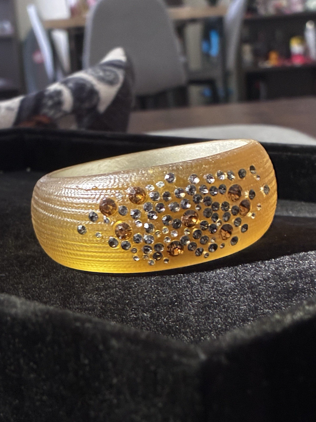 Alexis Bittar Gold Wide Lucite Star Dust Crystals Textured Bangle Bracelet
