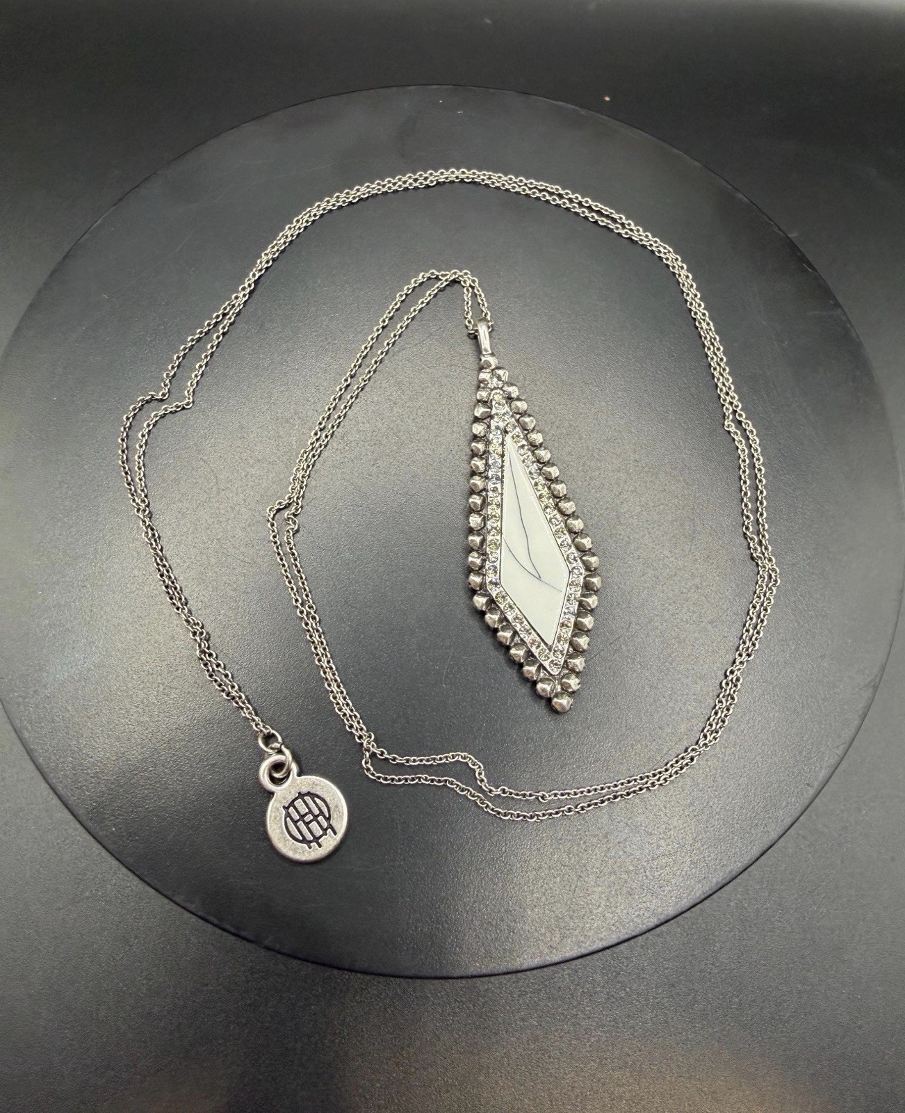 House of Harlow 1960 Geometric Pendant Necklace | White Inlay, Crystal Accents