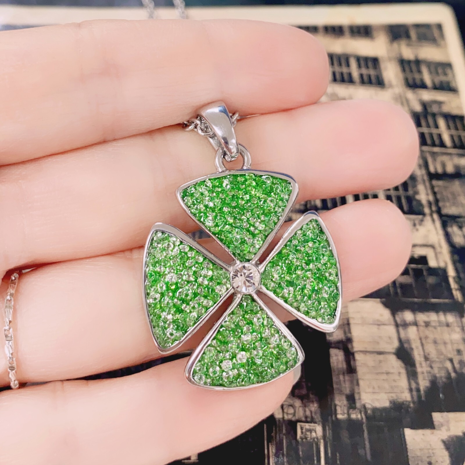Green Four Leaf Clover Necklace CZ Inlay with Clear Crystal Center