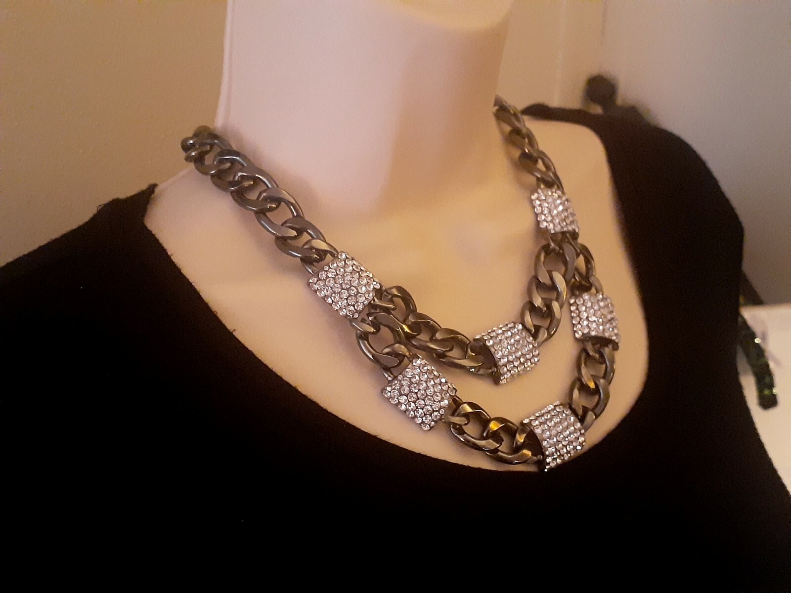 Gun Metal Grey Multi Oval Link Rhinestone Statement double strand necklace. 21″