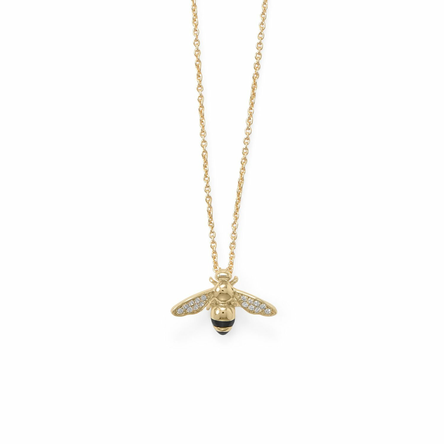 “BEE Mine” 16″+2″ Gold-Plated Signity CZ Bee Necklace 925 Sterling Silver