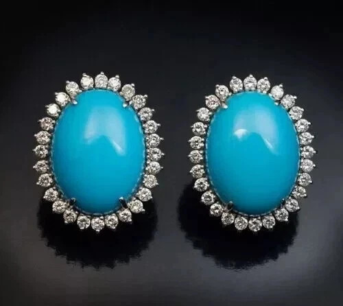 3 Ct Oval Cut Simulated Turquoise & Diamond Stud Earring 14k White Gold Finish