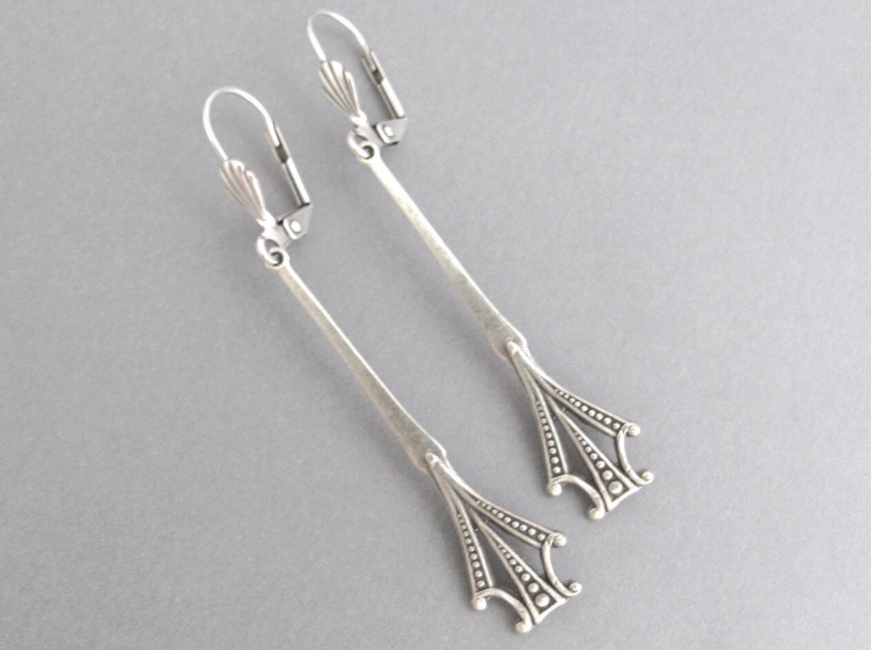 Art Deco Earrings Vintage Design Antiqued Silver Plate Victorian Cosplay Gift