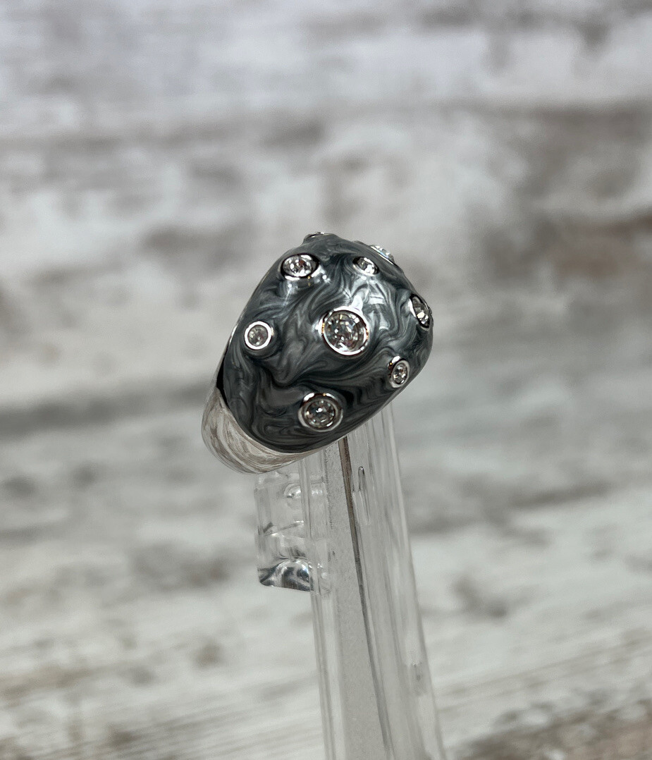 Lia Sophia Panache Ring Size 10 Silver Black Gray Swirls Rhinestones Dramatic!