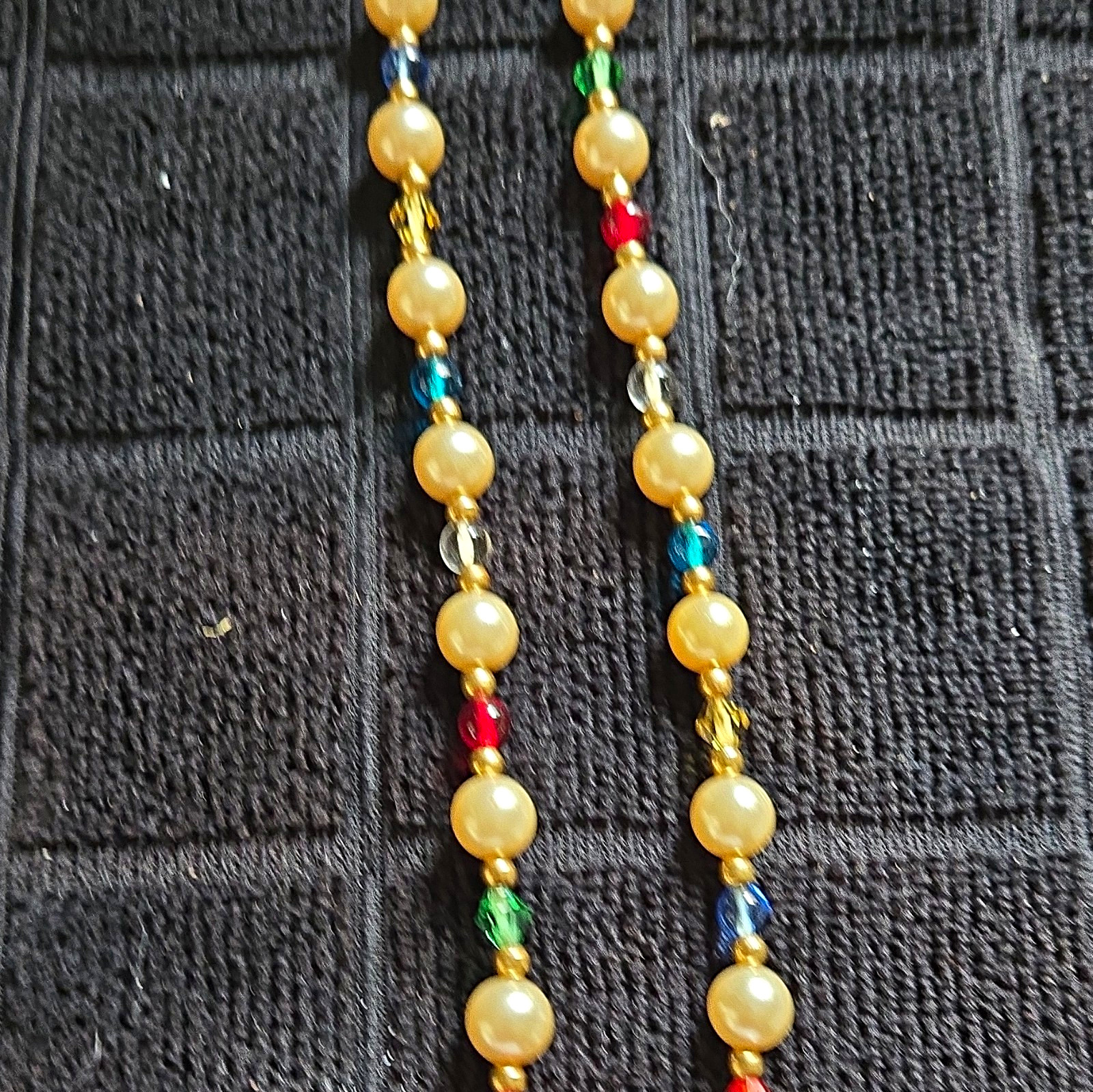 Simulated Cream Round Pearl Necklace w/ Multicolor Beads, Crystal, Gold