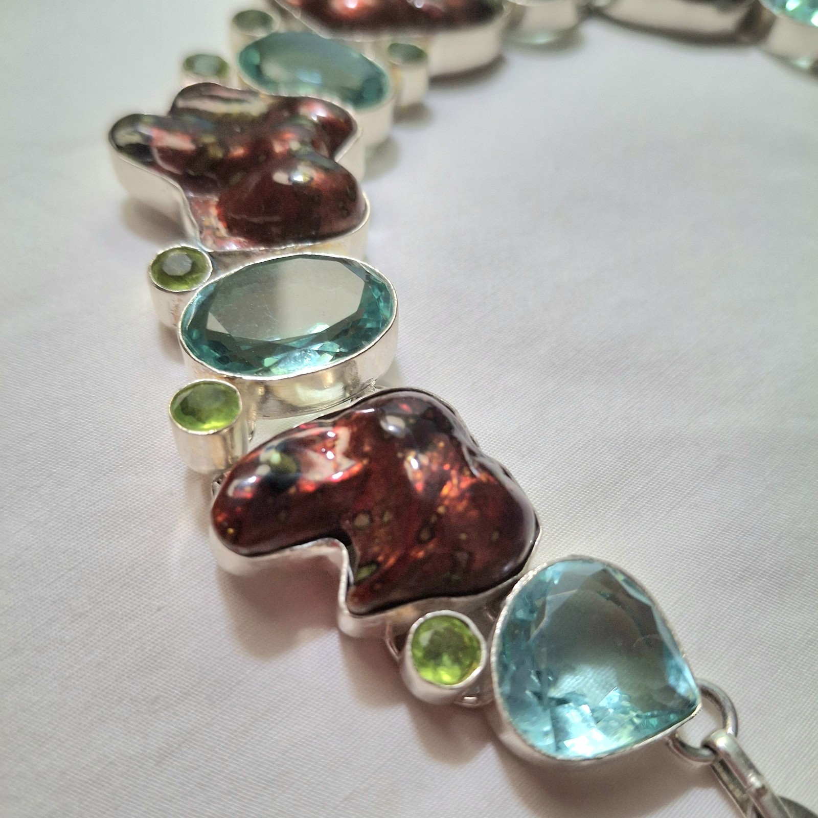 Y2K Necklace SIGNED 925 HUGE! Boho Blue Topaz Dyed Blister Pearls Peridot Estate