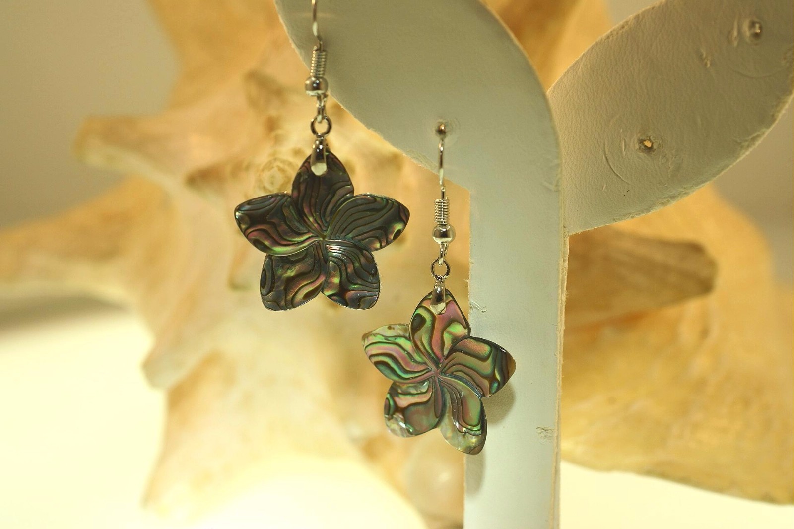 25mm HandCarved Paua Abalone Shell Hawaiian Plumeria 316L Dangling Hook Earrings