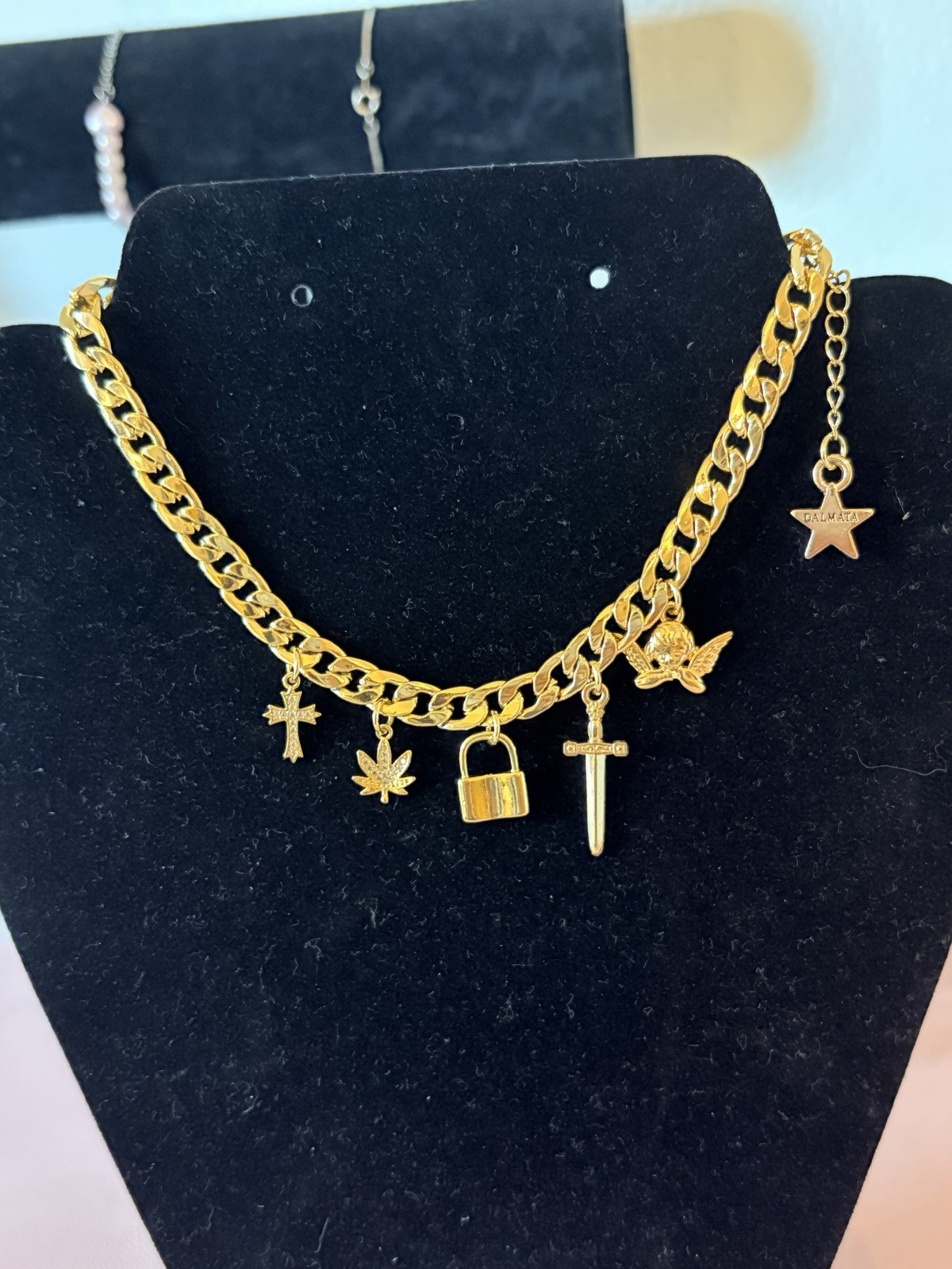 Dalmata Gold Tone Curb Link Rhinestone Cross Charm choker Lobster Adjustable