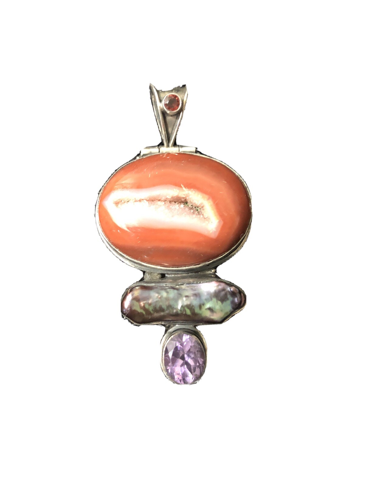AGATE DRUZY HALF GEODE PENDANT IN 925 STERLING SILVER SETTING with other stones