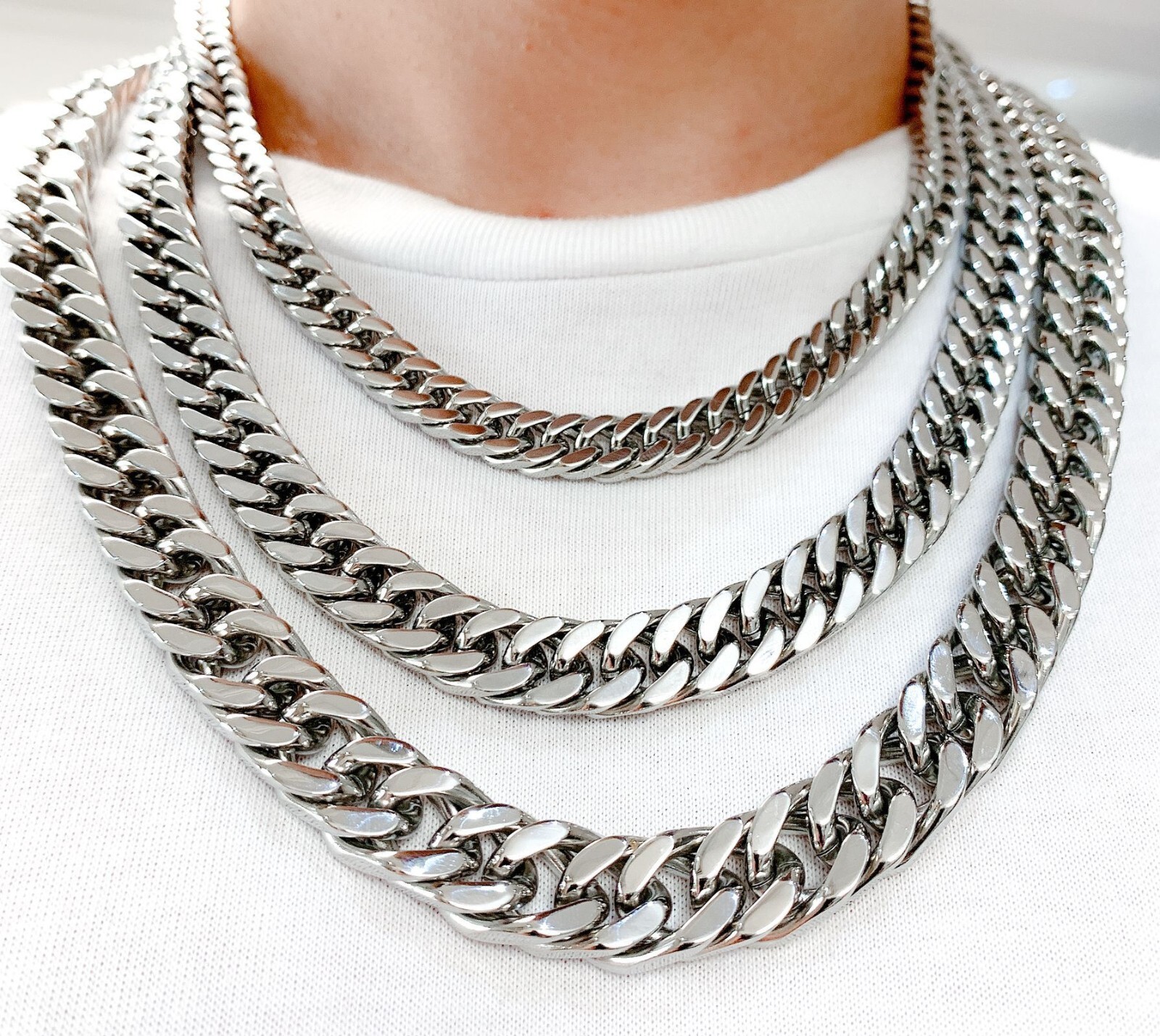 Silver Cool Double cuban Curb Link Chain Necklace For Mens Jewelry 18-32”