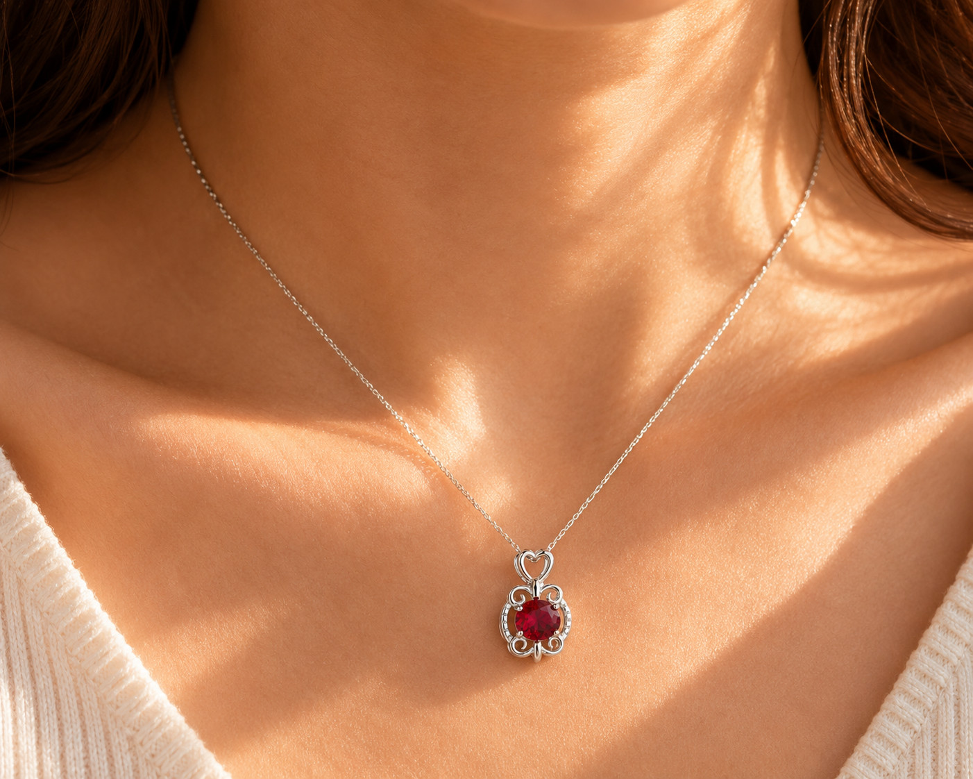 1.0Ct Sparkling Round Cut Simulated Ruby Heart Pendant–925 White Sterling Silver