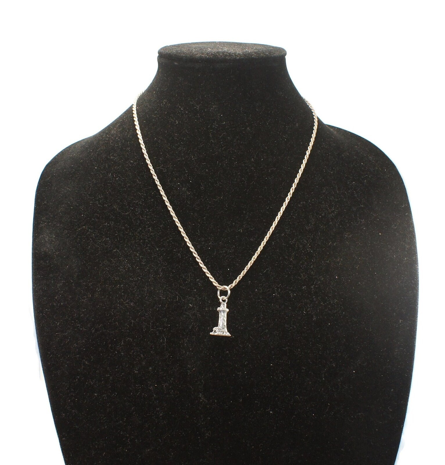 Vintage Italian Sterling Silver Lighthouse Pendant on 20″ Rope Chain, Italy 925.