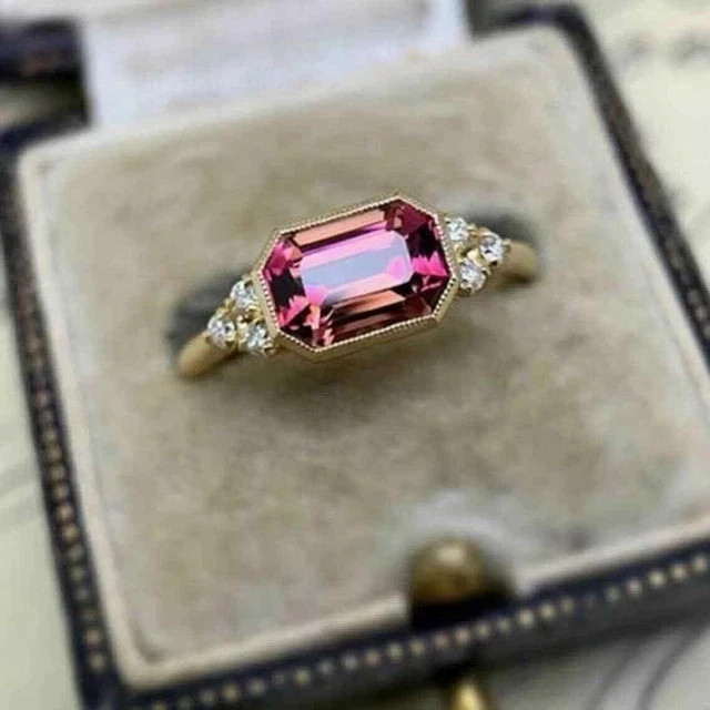 Share 3Ct Emerald Cut Lab Created Pink Tourmaline Wedding Ring 14K Yellow Gold