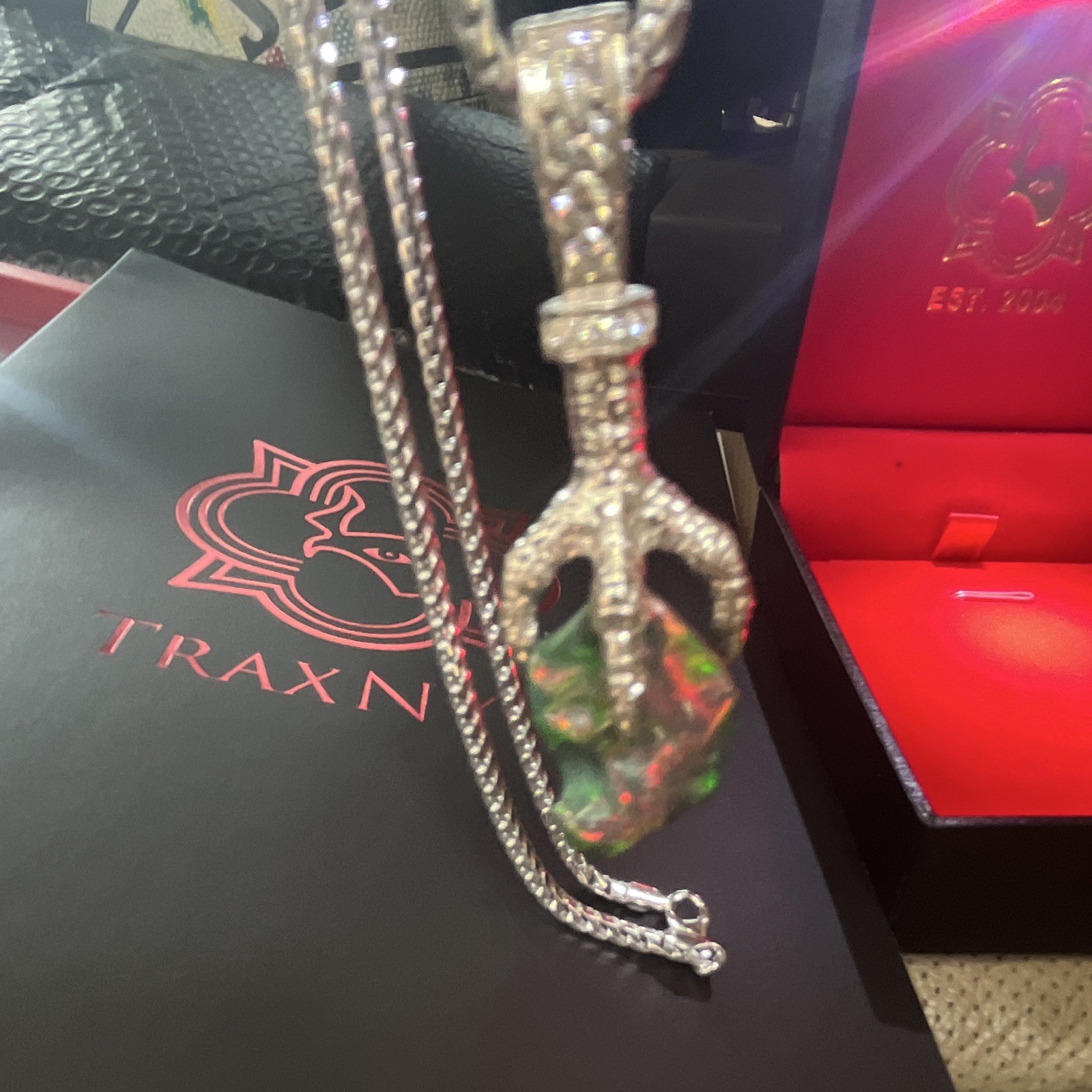 TraxNYC Eagle claw w/lab grown diamonds holding multicolored opalSilverRopeChain