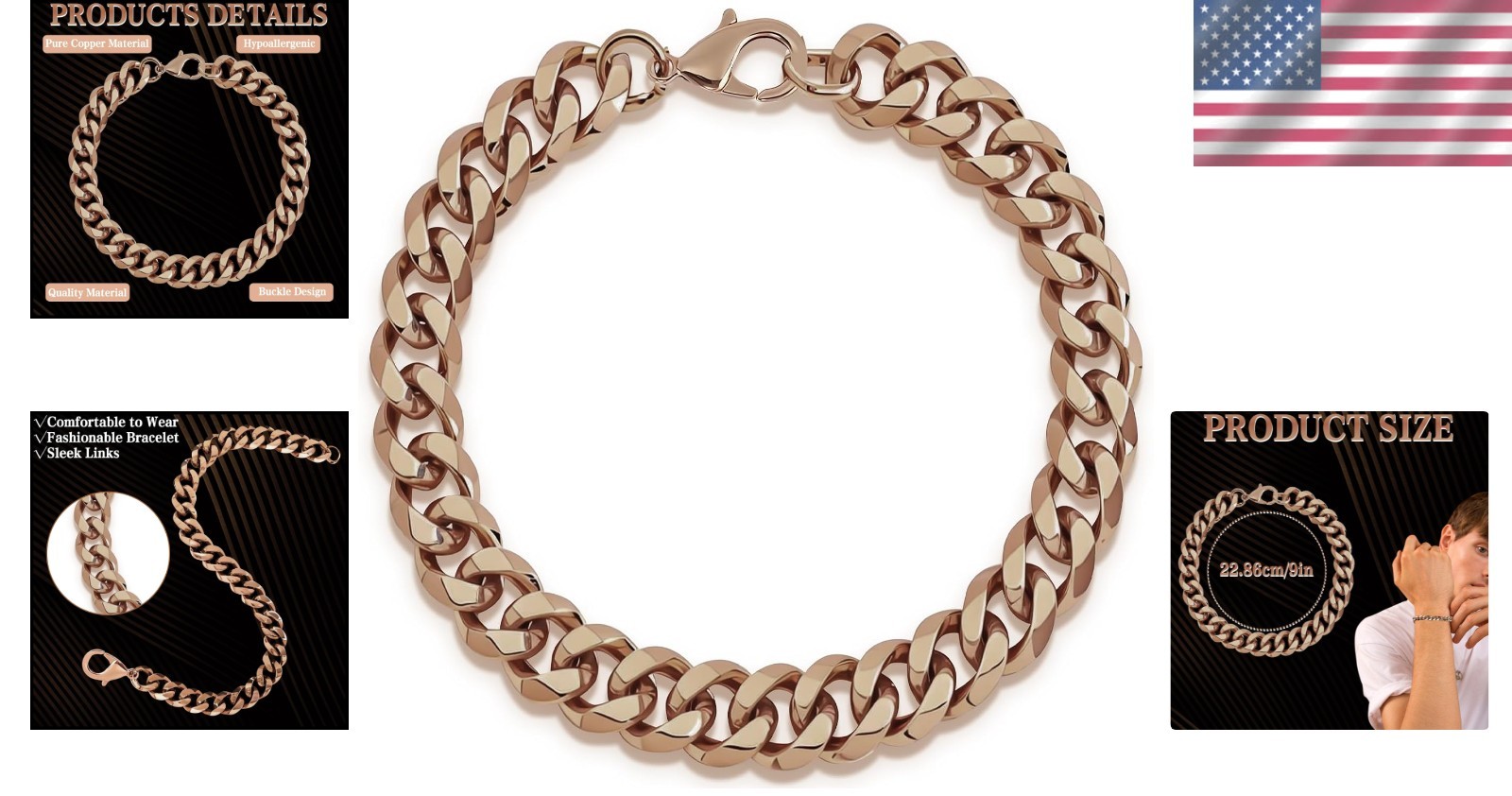 Classic Copper Cuban Chain Bracelet, 9” – Comfortable and Durable Men’s Jewelry