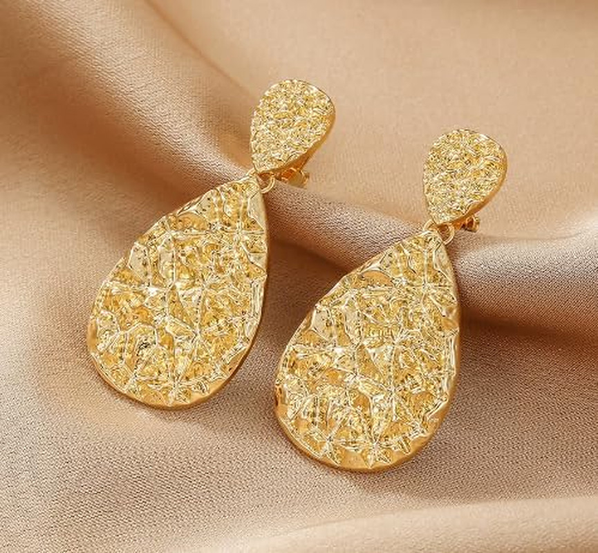 Teardrop Clip on Earrings for Women, Chunky Statement Geometric Textured Earring