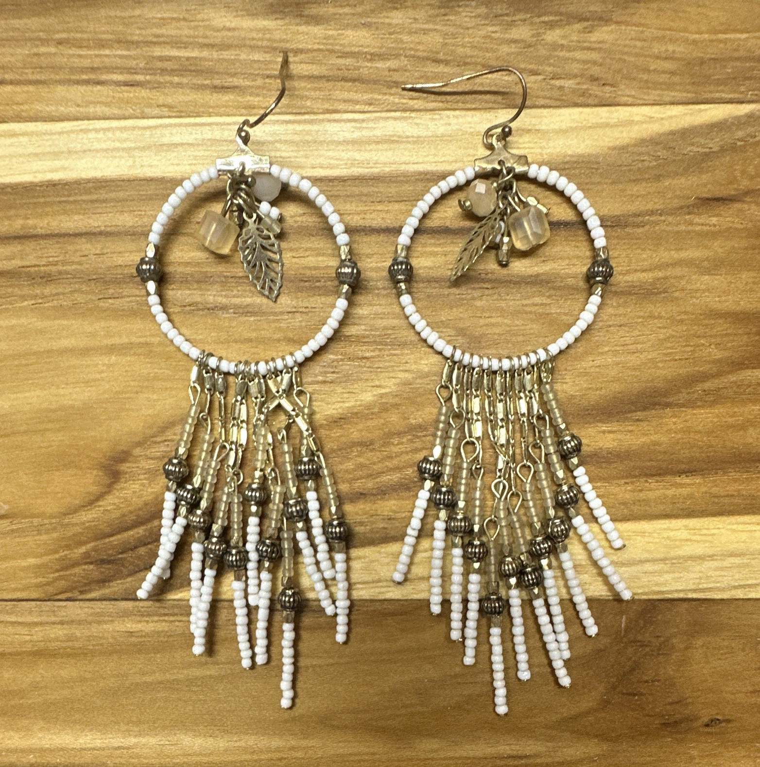 White Gold Beaded Hoop Dangle Earrings Leaf Charms Fringe Tassels Hook
