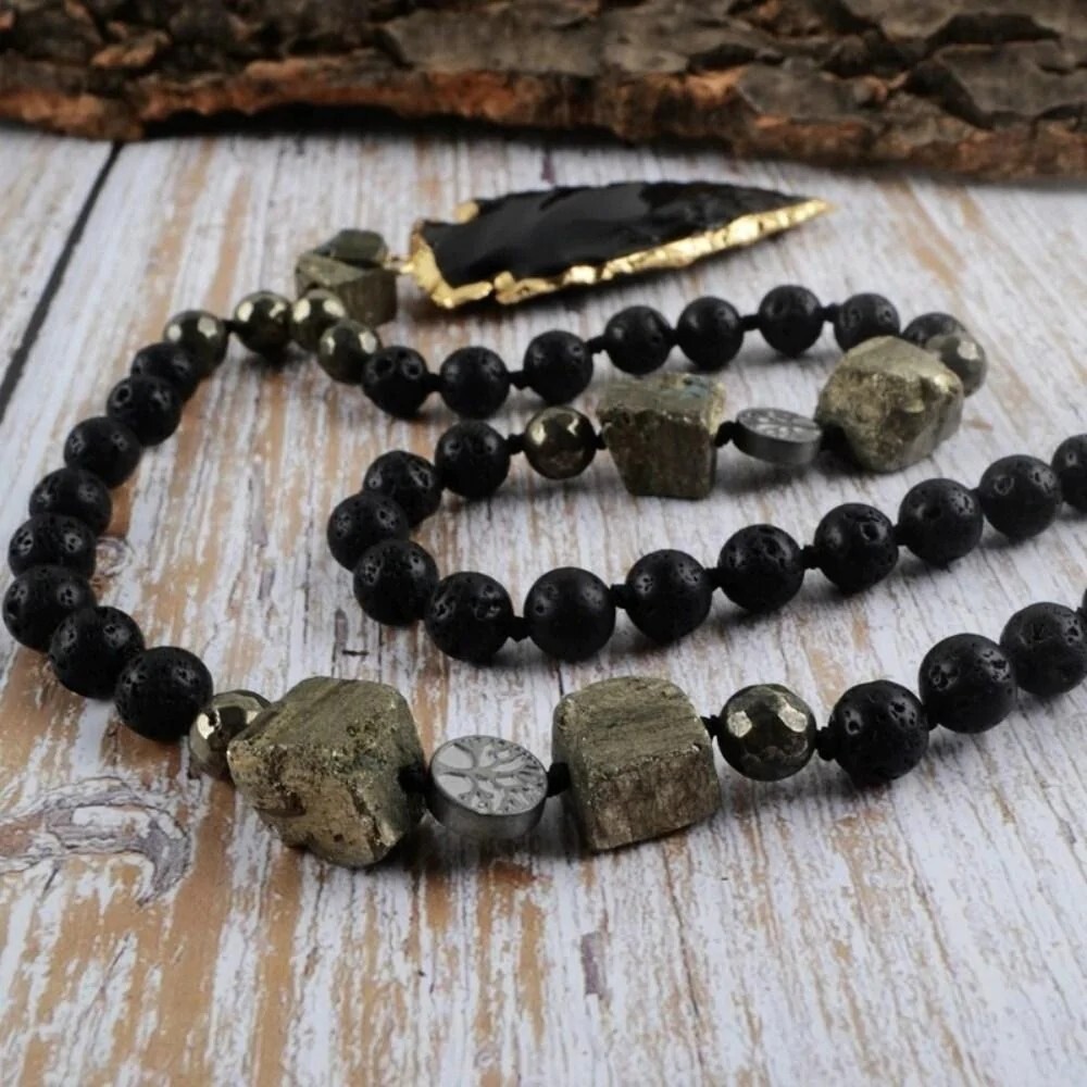 Lava Obsidian Mala Bead Healing Meditation Men Women Knotted Pendant Necklace