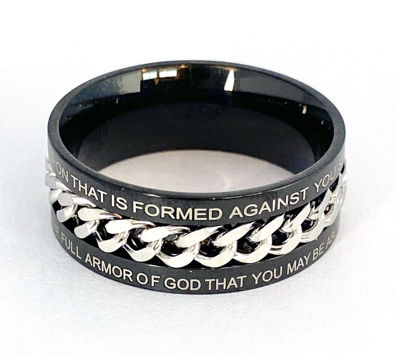 Isaiah 54:17, Ephesians 6:11 Bible Verse Black Steel Ring w/Center Chain Spinner