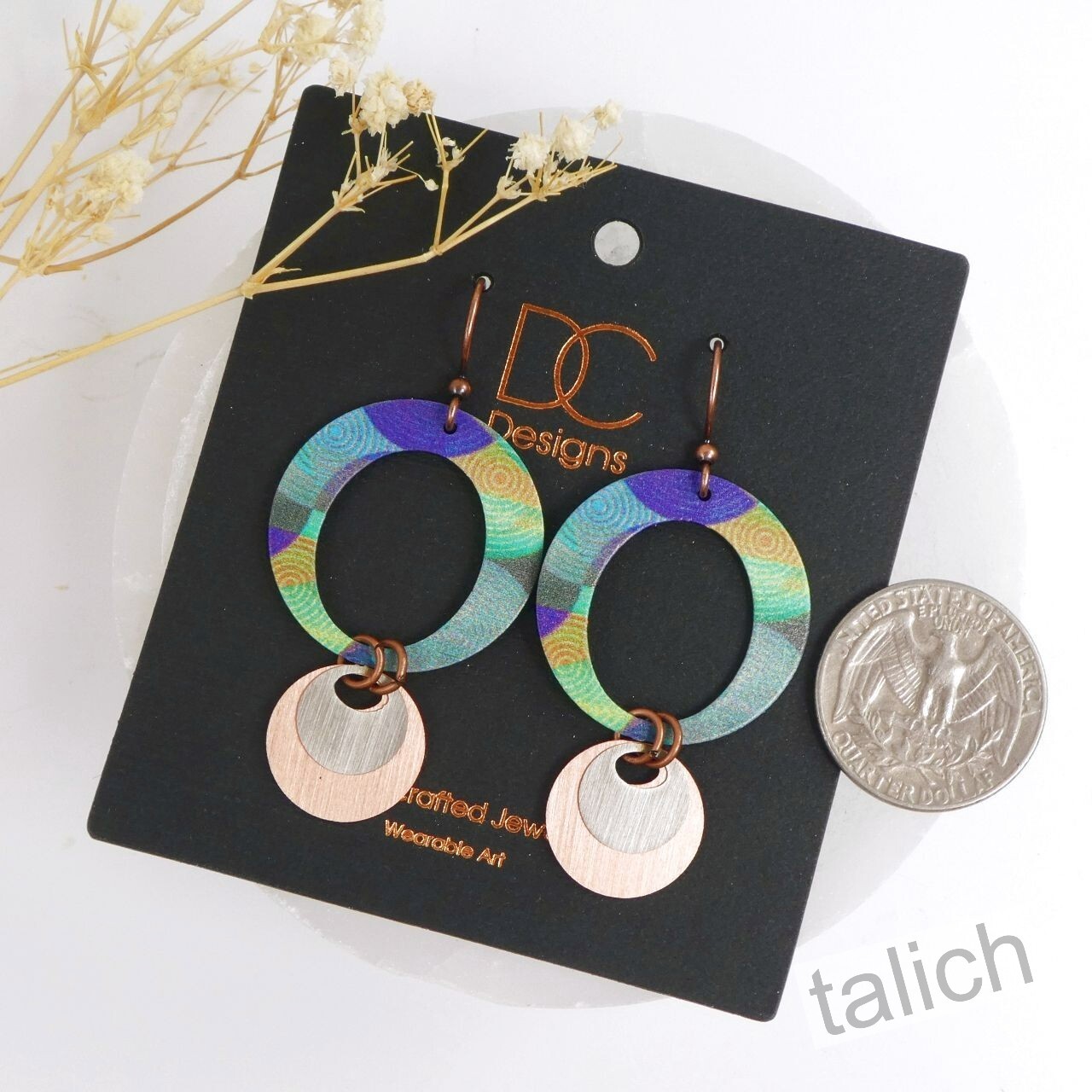 DC Designs Large Layered Circles Earrings Purple and Green Handmade Unique Gift