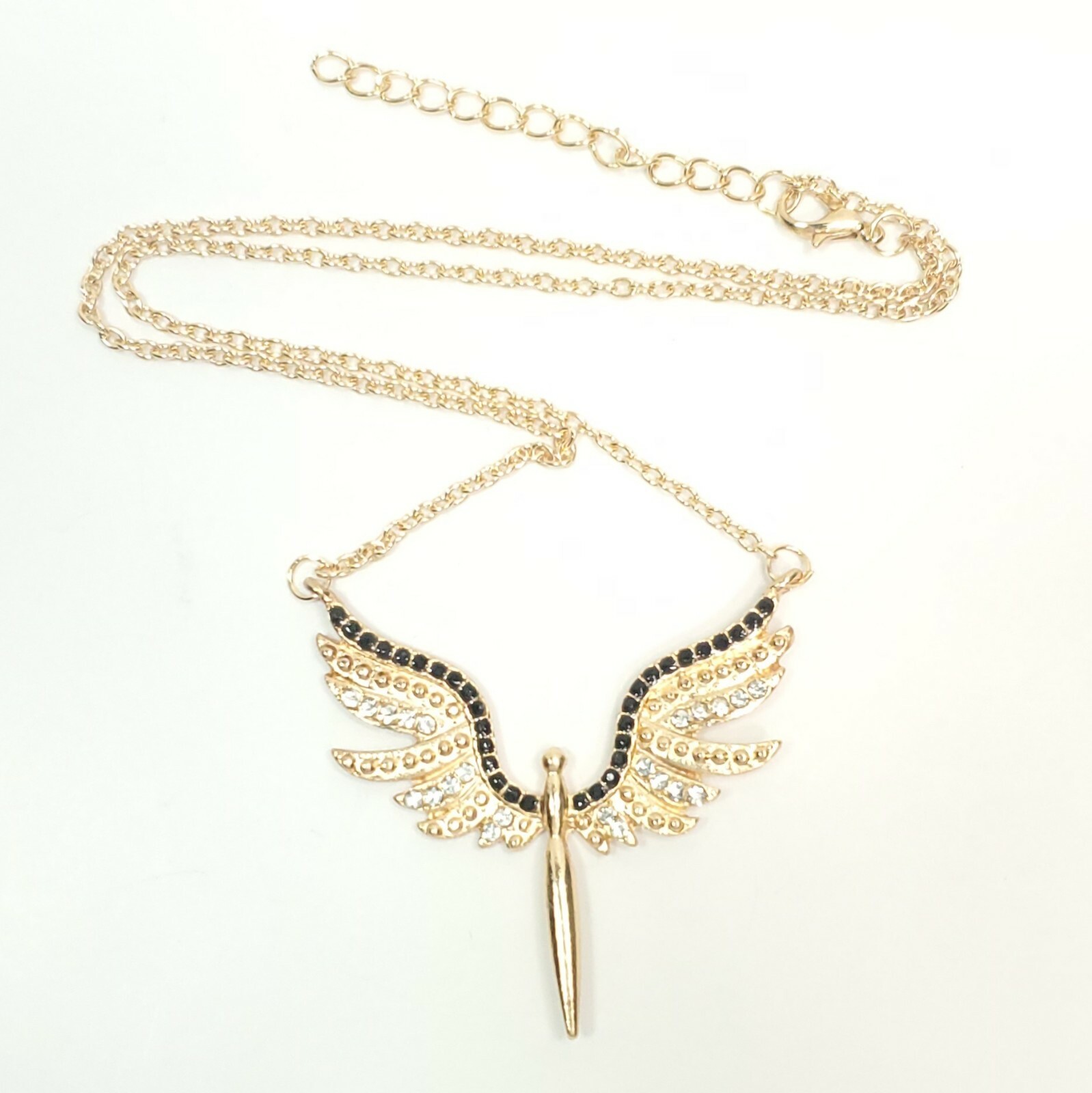 N0162 Dainty Gold Tone Chain Rhinestones Deco Angel Shape Mini Pendant Necklace
