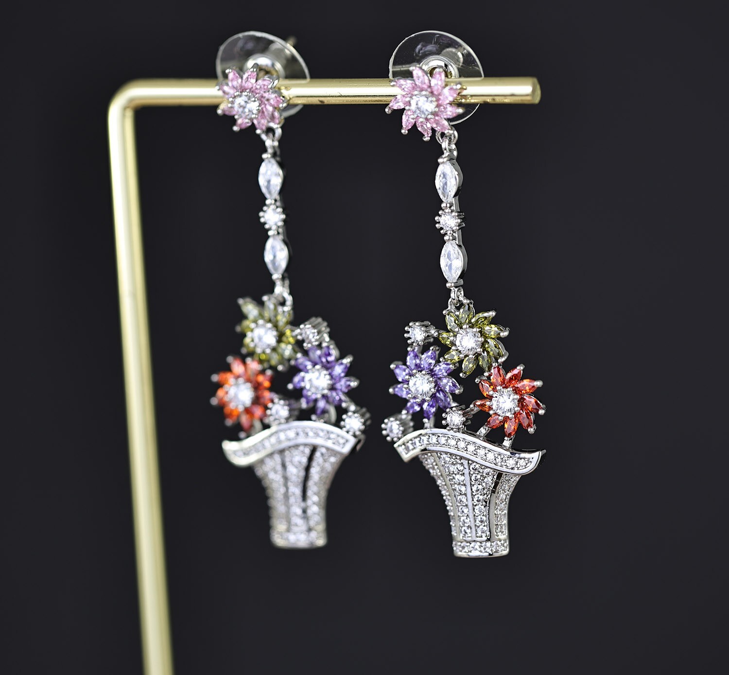 Flower Basket Multi-color CZ Cubic Zirconia Dangle Chandelier Stud Earrings N117