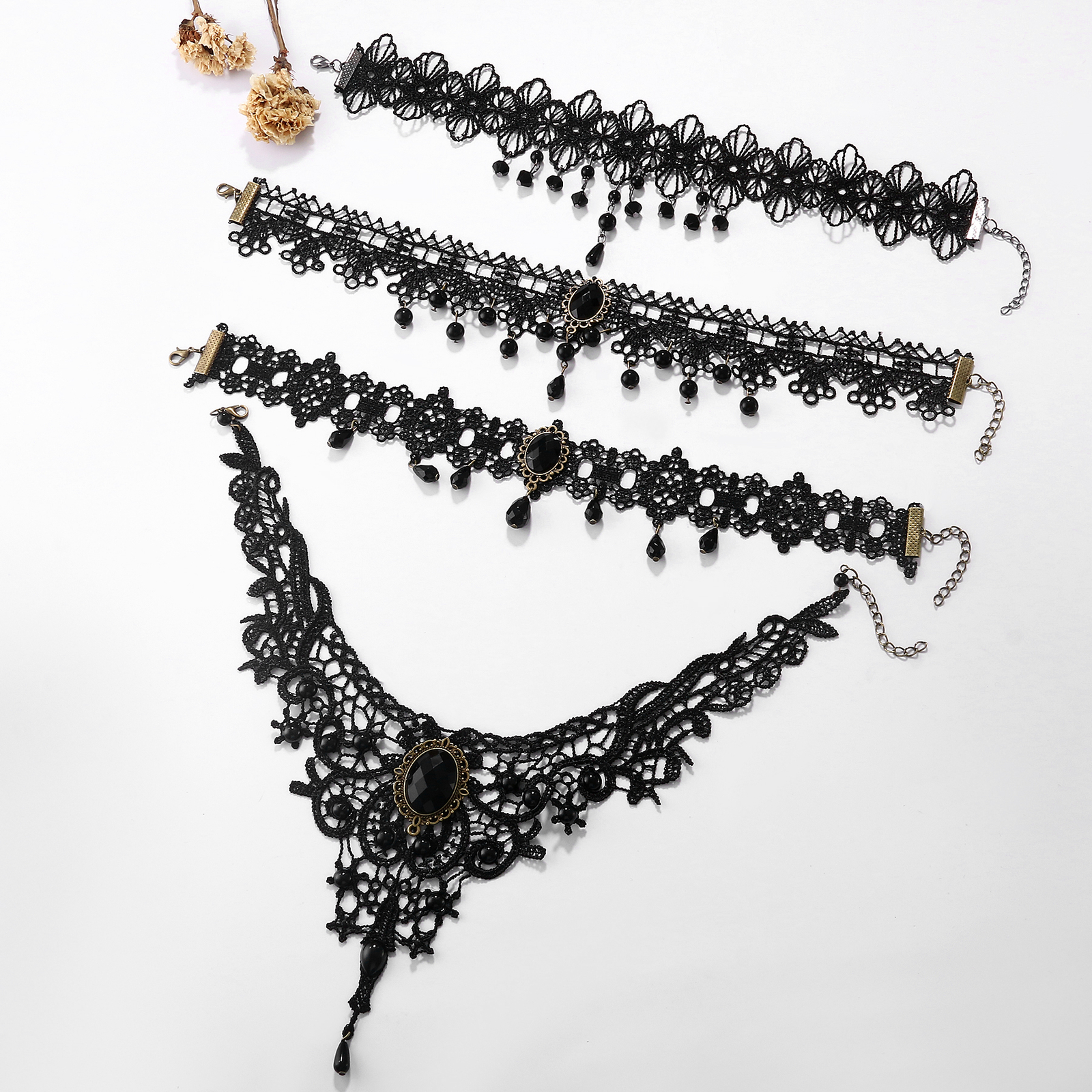4pcs Women Gothic Retro Black Lace Wide Choker Victorian Vintage Collar Necklace
