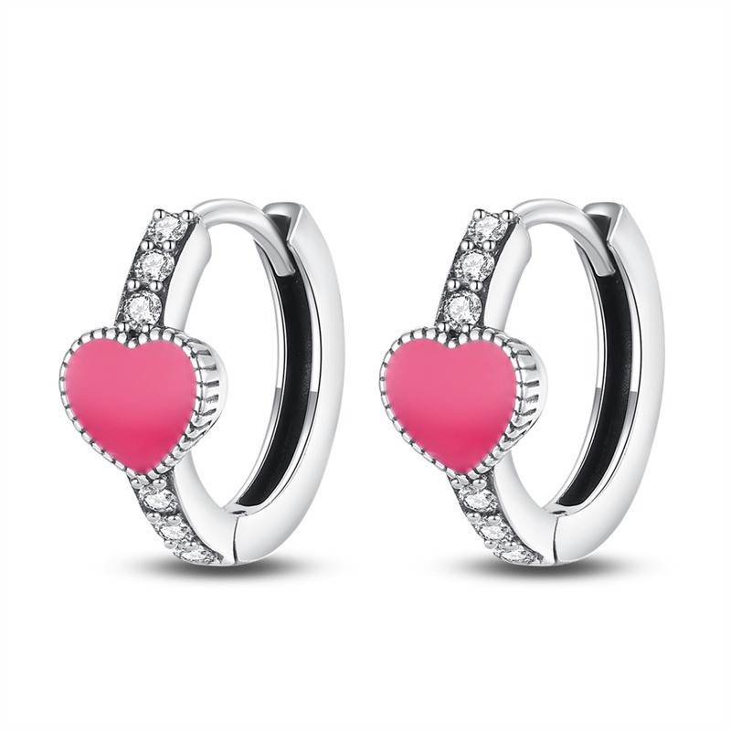 PANDACH 925 Sterling Silver Pink Heart Huggie Hoop Earrings For Women Jewelry