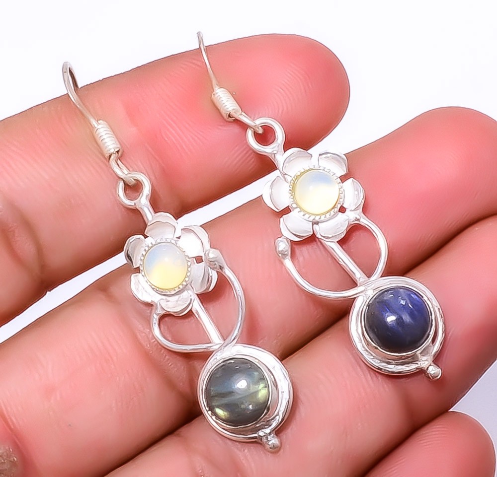 Natural Labradorite – Canada & Milky Opal 925 Silver Plated Earring 2.03″ T725