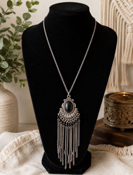 Boho Silver Tone Black Cabochon Fringe Tassel Statement Pendant Necklace