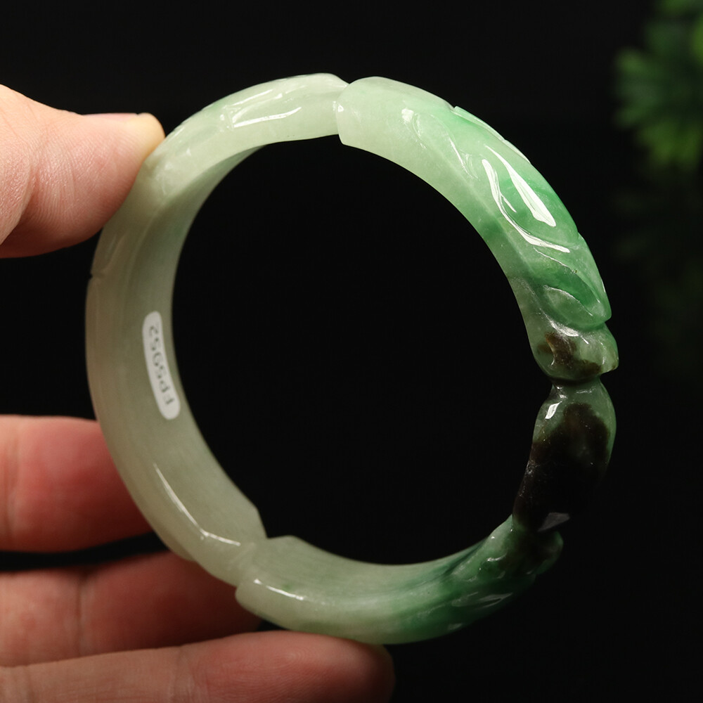 59mm White Green Jadeite Jade Bangle Bracelet Hand-carved Dragon Phoenix A-11957
