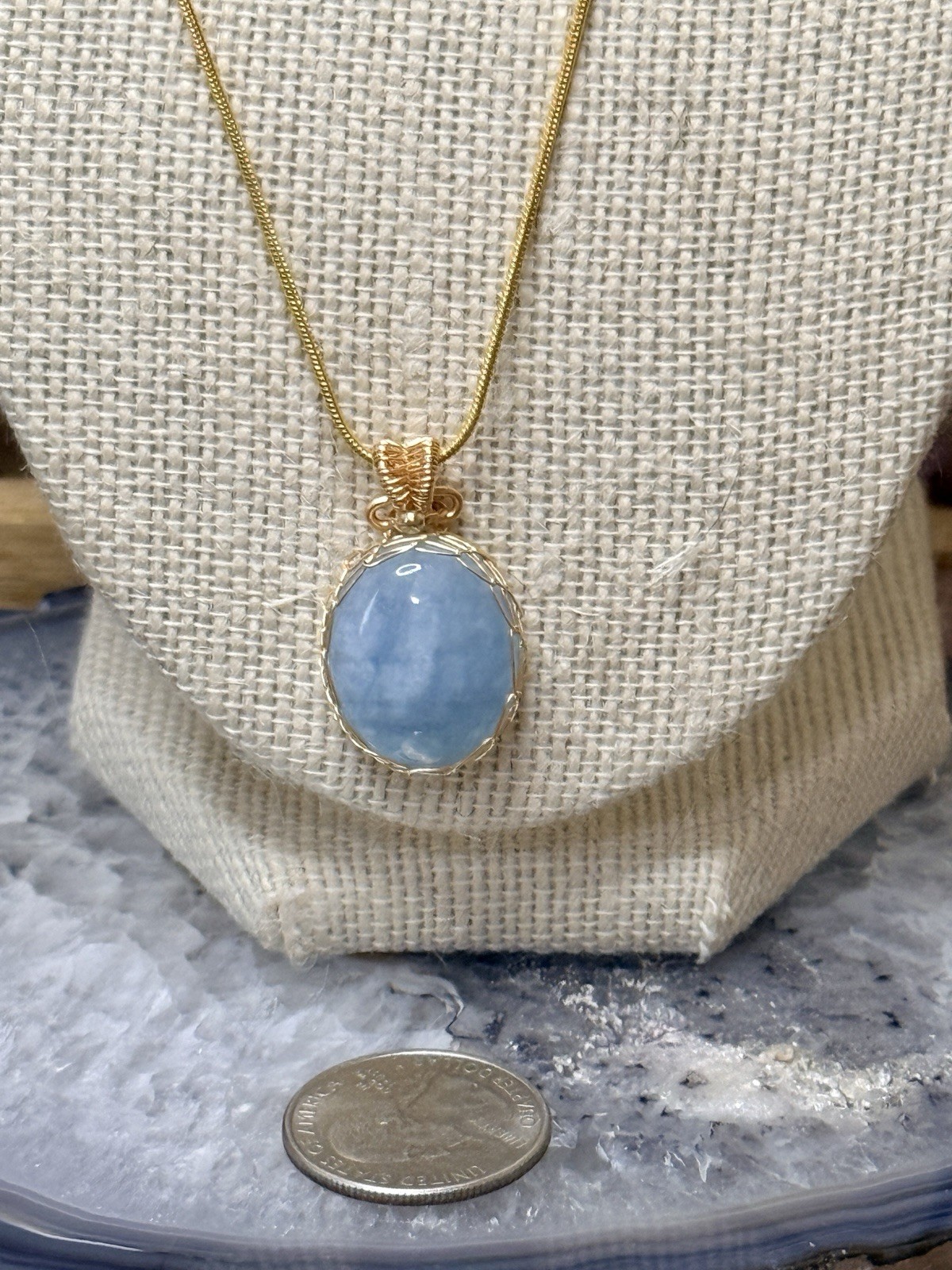 Gold Tone Chain Necklace Oval Blue Aquamarine Charm Pendant