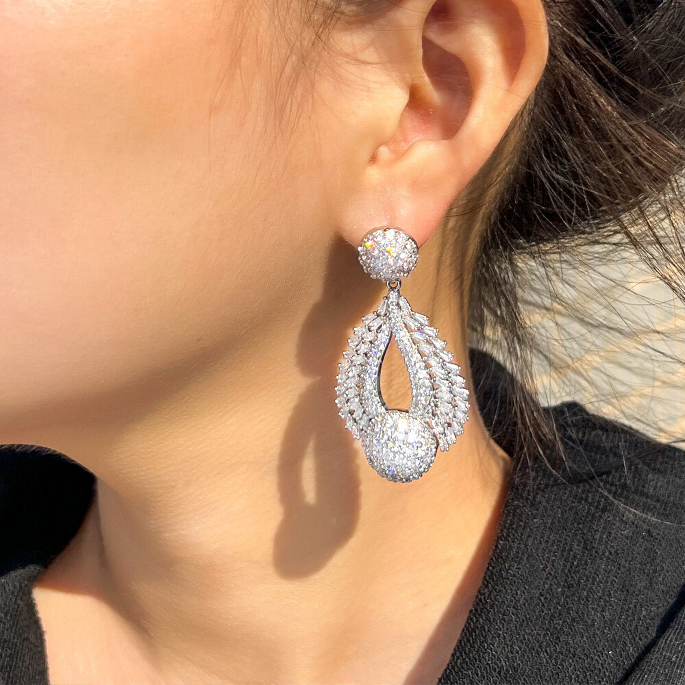 Exquisite Yellow Gold Plated CZ Zirconia Chandelier Dangle Drop Wedding Earrings