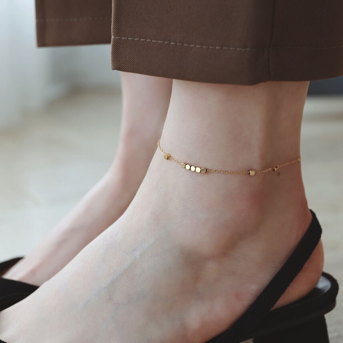 Woman 18K Gold Plated Stainless Steel Cubes Bracelet Bangle Anklet 10.2 inches
