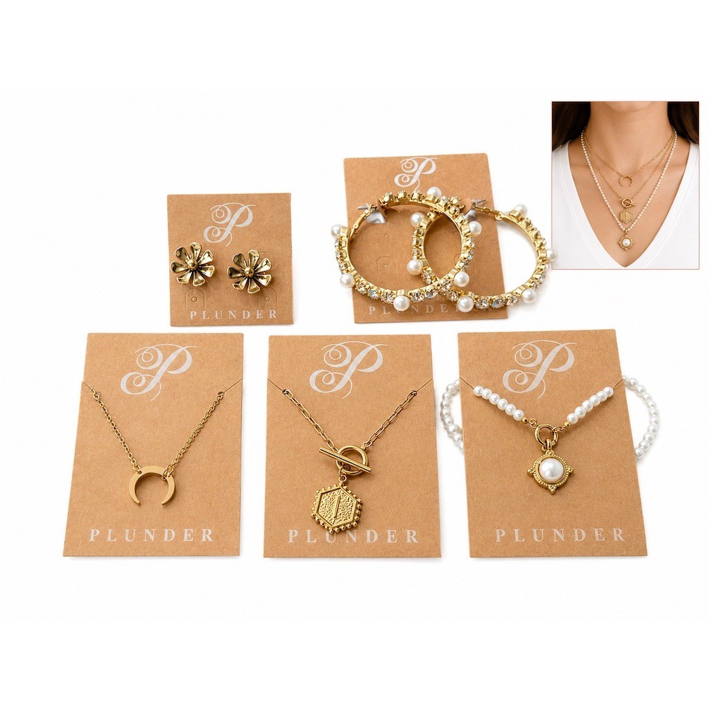 5 pc Plunder Jewelry Set Gold Necklace Lot + Pearl Rhinestone Earrings Set