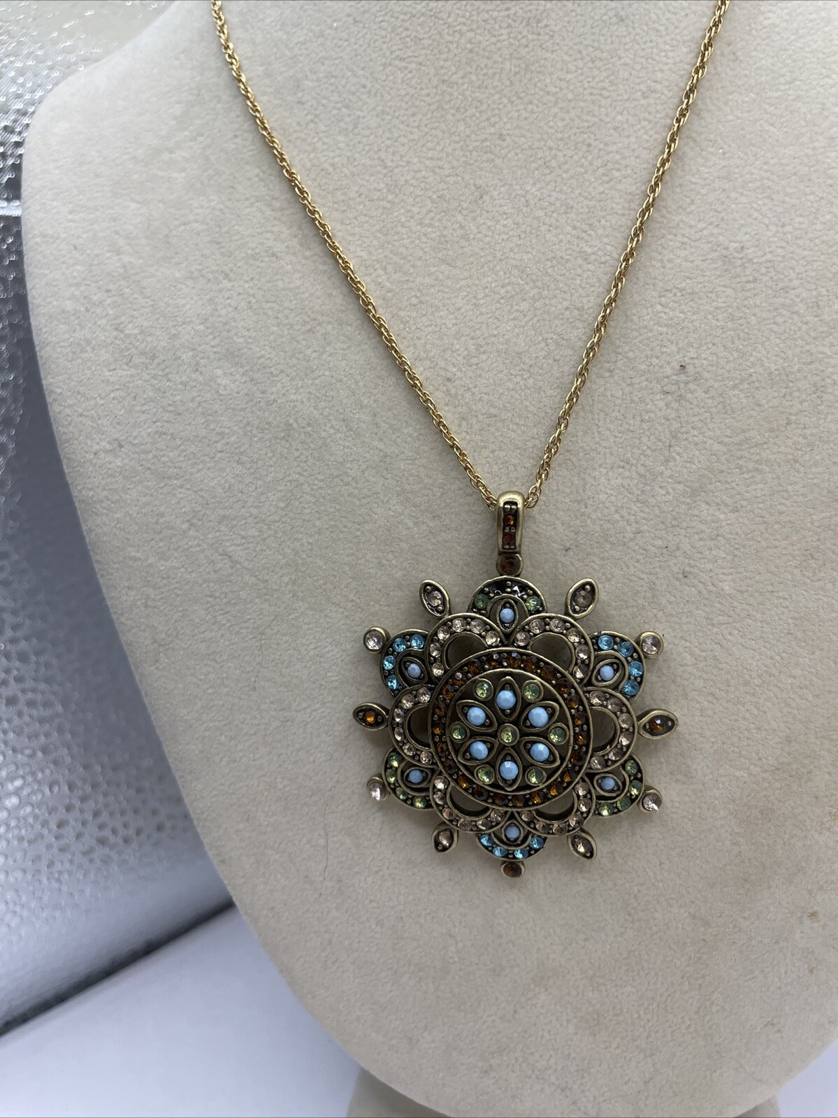 Gold Tone Cognac Champagne & Blue Crystal Medallion Pendant Necklace