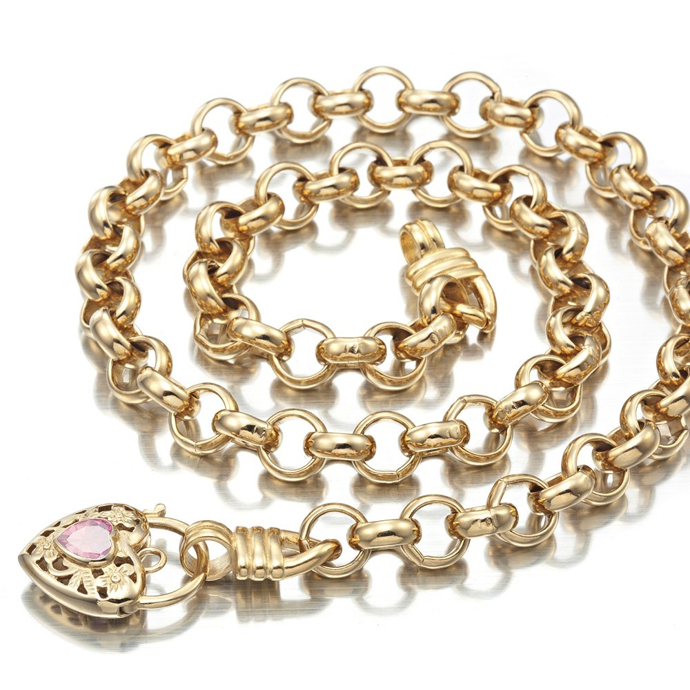 18K GL Thick Solid Belcher Yellow Gold Necklace Filigree Heart Padlock Rose Pink