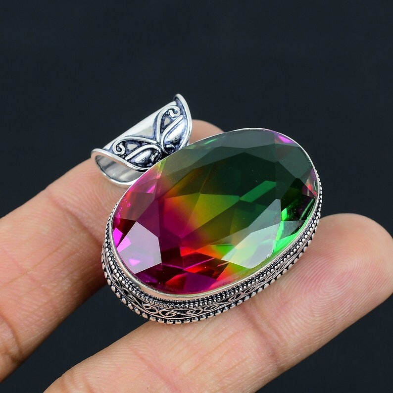 Bi-Color Tourmaline Gemstone Pendant Handmade 925 Sterling Silver Pendant