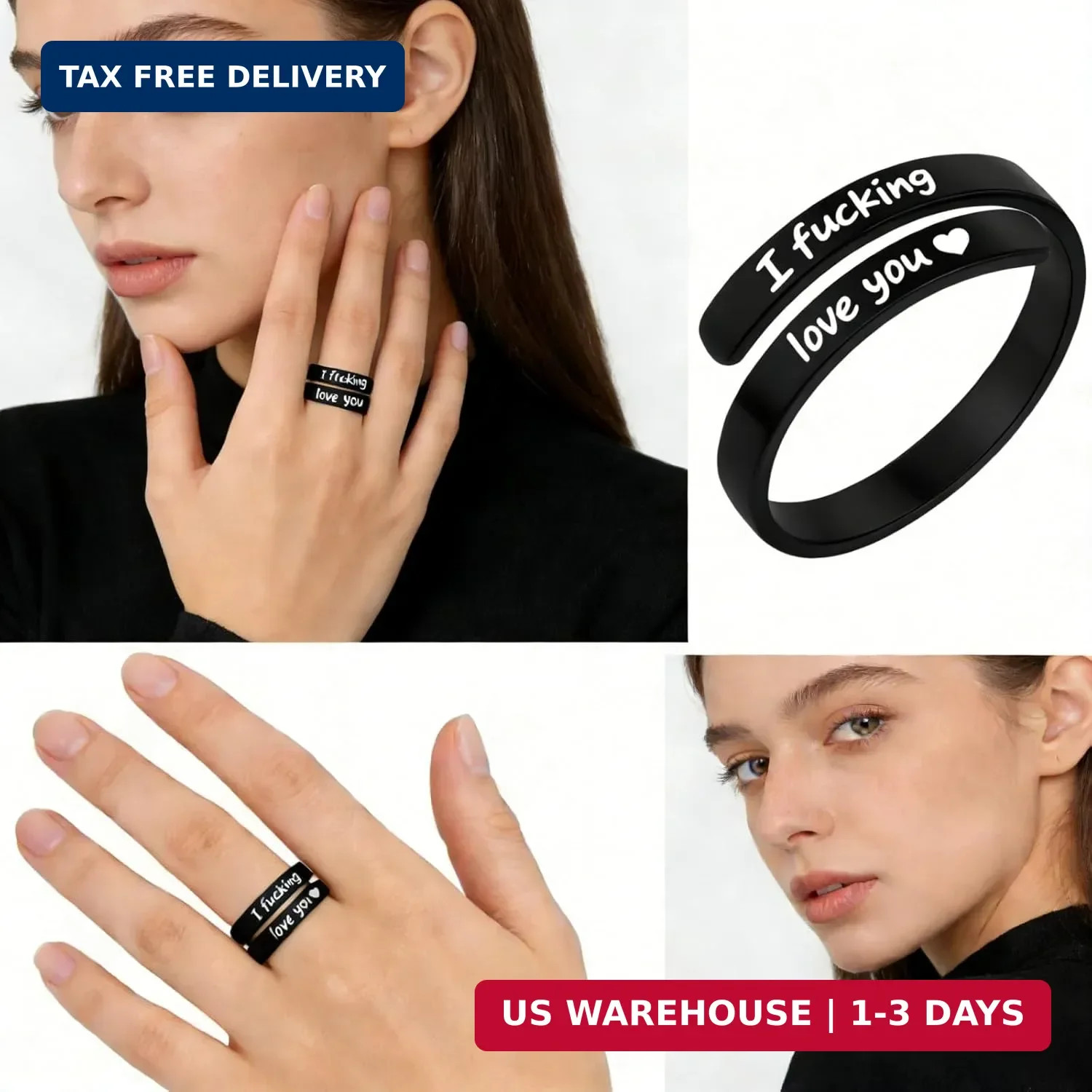 I Fcking Love You Ring, Stainless Steel Engraved Inspirational Words Heart Open