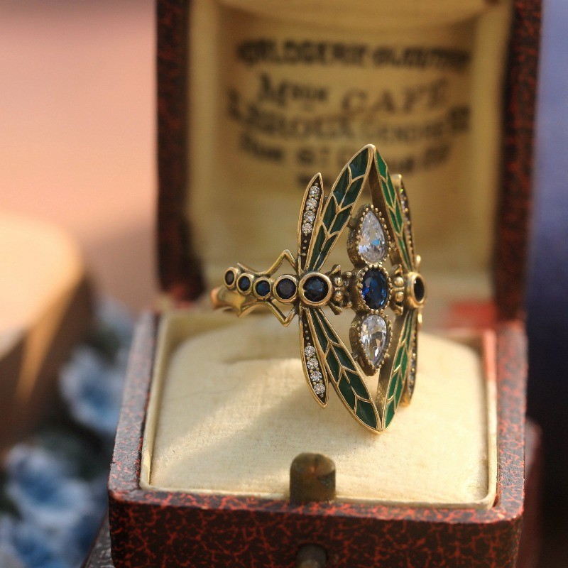 Vintage Dragonfly Ring Blue Cubic Zirconia Gothic Adjustable Statement Ring Gift