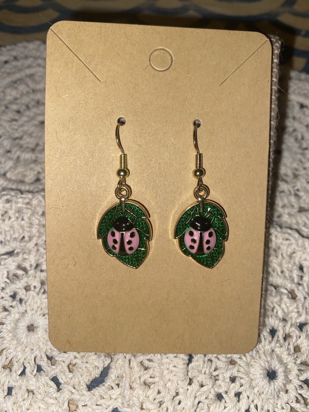 Pink Ladybug Enamel Dangle Hook Earrings Green Leaf Cute Insect Hand Assembled