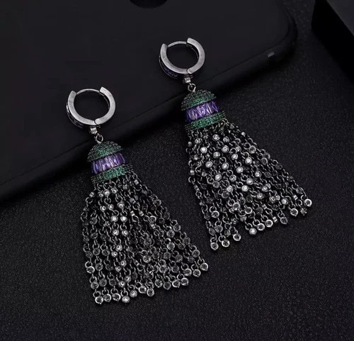 18k Black Rhodium Filled Purple Amethyst Gemstone Long Tassel Earrings Gorgeous