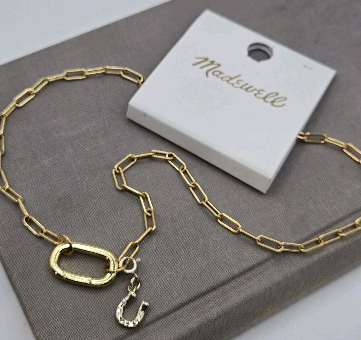 Madewell Gold Paperclip Chain Necklace Carabiner Horseshoe Charm Necklace 16.5″
